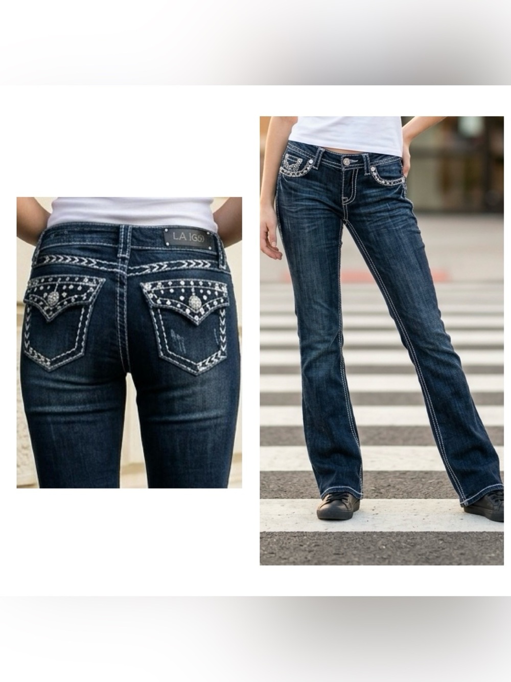 LA. idol Dark Blue Embellished lowrise bootcut Jeans Girls Sz 14 or Juniors Sz 1
